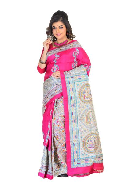 Madhubani Printed Pure Silk Saree (adi75476)