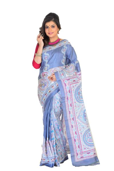 Madhubani Printed Pure Silk Saree (adi75484)