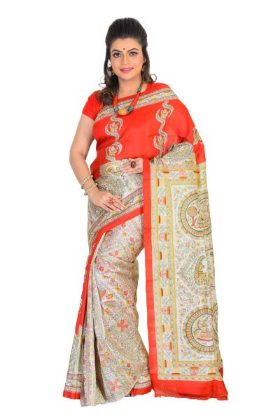 Madhubani Printed Pure Silk Saree (adi75544)