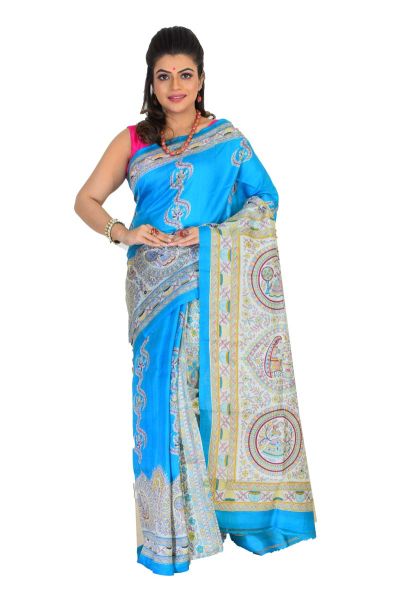 Madhubani Printed Pure Silk Saree (adi75560)