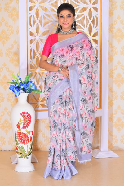 Digital Printed Linen Silk Saree (adi77493)
