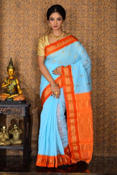Bright orange saree with golden blue border - Sri Kumaran Stores