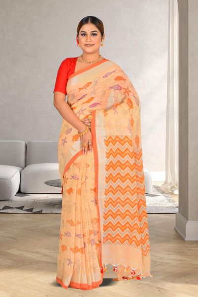 Linen Printed Cotton Saree (adi85641)