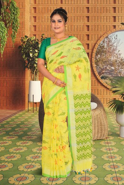 Linen Printed Cotton Saree (adi85678)