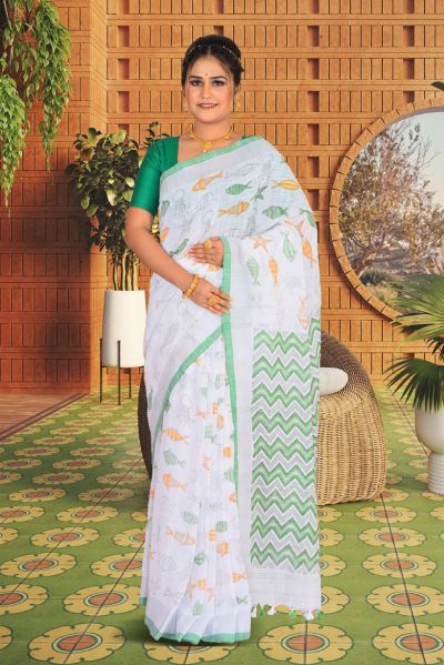 Linen Printed Cotton Saree (adi85679)