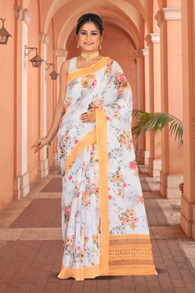 Linen Printed Cotton Saree (adi85691)