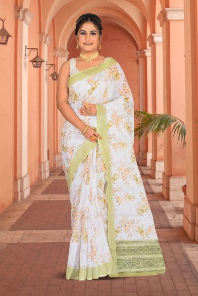 Linen Printed Cotton Saree (adi85697)