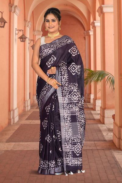 Linen Printed Cotton Saree (adi85704)