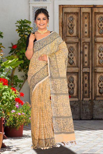 Linen Printed Cotton Saree (adi85713)