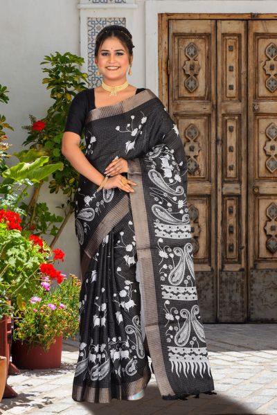 Semi Tussar Printed Silk Saree (adi85718)