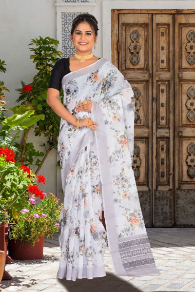 Linen Printed Cotton Saree (adi85722)