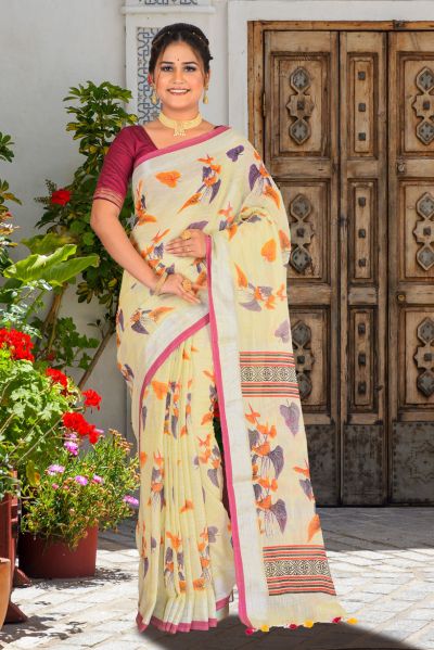 Linen Printed Cotton Saree (adi85724)