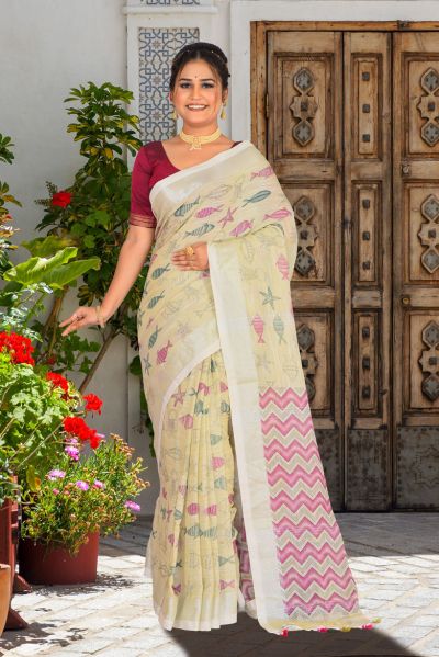 Linen Printed Cotton Saree (adi85732)