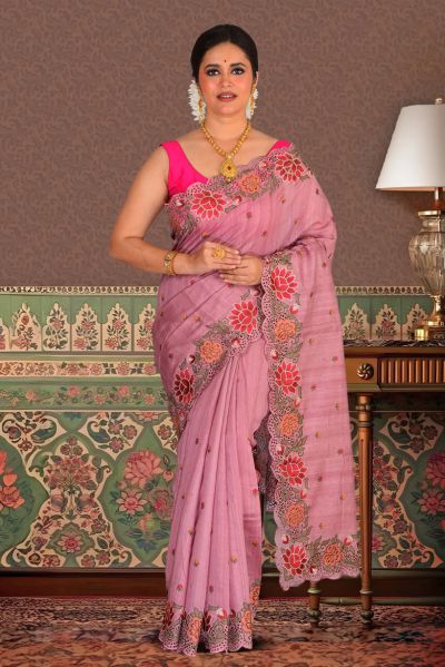 Semi Tussar Parsi Stitch Saree (adi87844)