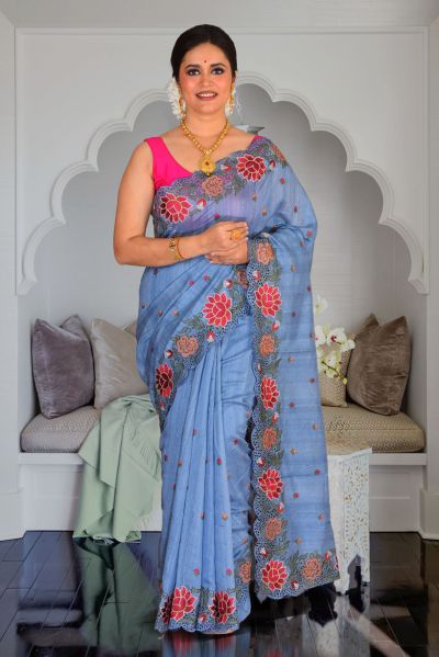 Semi Tussar Parsi Stitch Saree (adi87850)