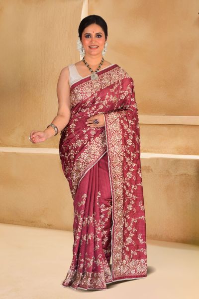 Semi Tussar Parsi Stitch Saree (adi87872)
