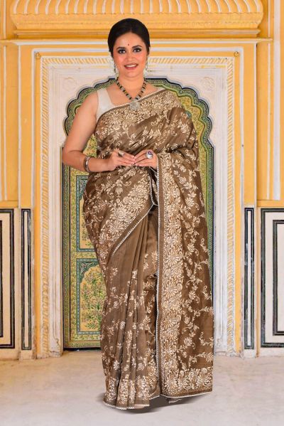 Semi Tussar Parsi Stitch Saree (adi87879)