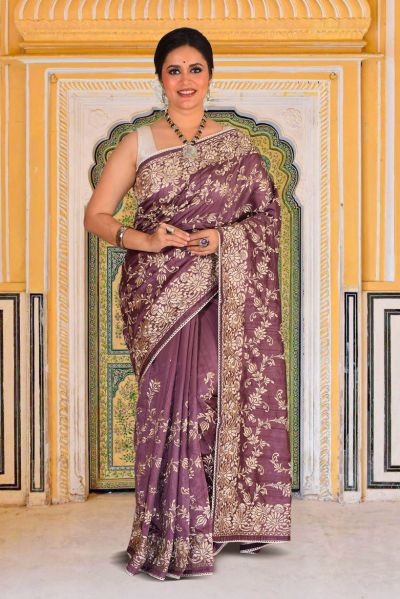 Semi Tussar Parsi Stitch Saree (adi87880)