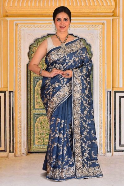 Semi Tussar Parsi Stitch Saree (adi87881)
