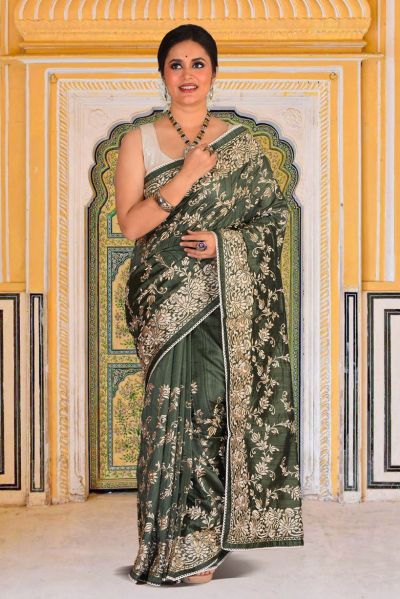 Semi Tussar Parsi Stitch Saree (adi87882)