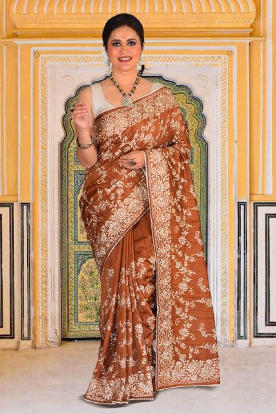Semi Tussar Parsi Stitch Saree (adi87884)