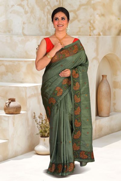 Semi Tussar Parsi Stitch Saree (adi87930)