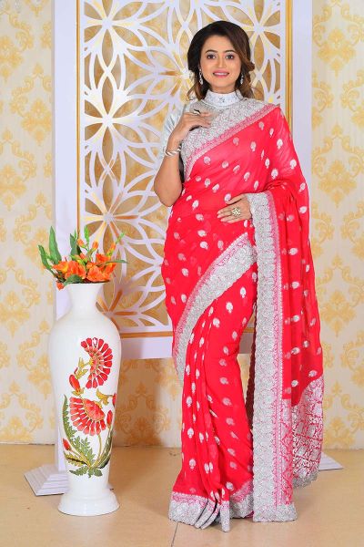 Buy Wedding Wear Heavy Work Cream Colors Saree With Pink Blouse at Rs. 1620  online from Surati Fabric designer sarees : SF-SY-R-CP