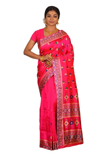 Pure Hand Block Printed Assam Silk Saree, 5.5 m (separate blouse piece)